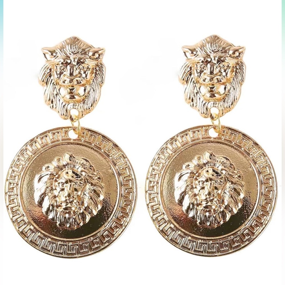 NEW Lion Head Statement Drop Earrings Gold